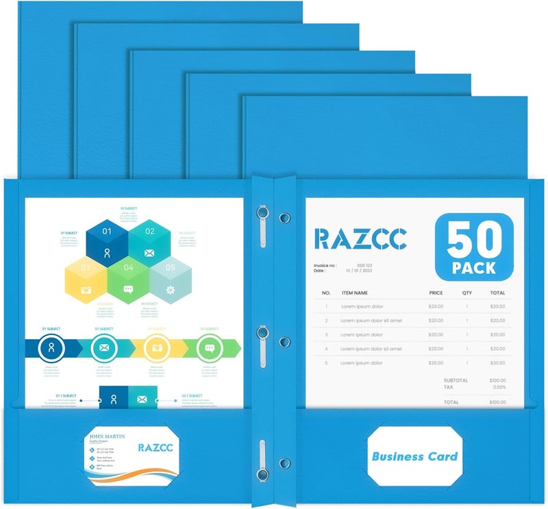 RAZCC Two Pocket Folders, 50 Pack Two Pocket Folders with Prongs, 3 Prong Folders Fit Letter Size Paper, Pocket File Folders for School Office Home Business, Blue - Image 1